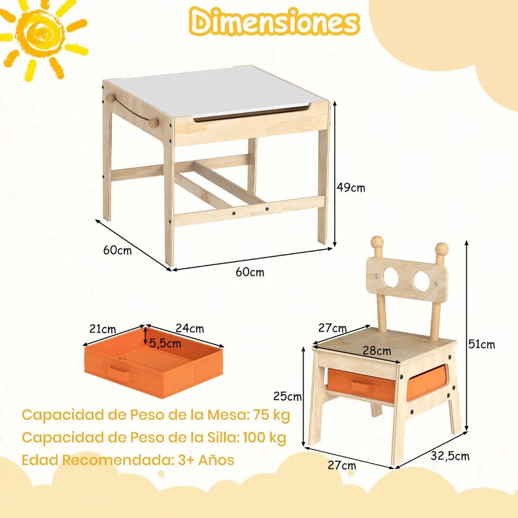 Conjunto de mesa e 2 cadeiras infantil 4 em 1 com quadro branco reversível e giz 2 gavetas de armazenamento de madeira Robot