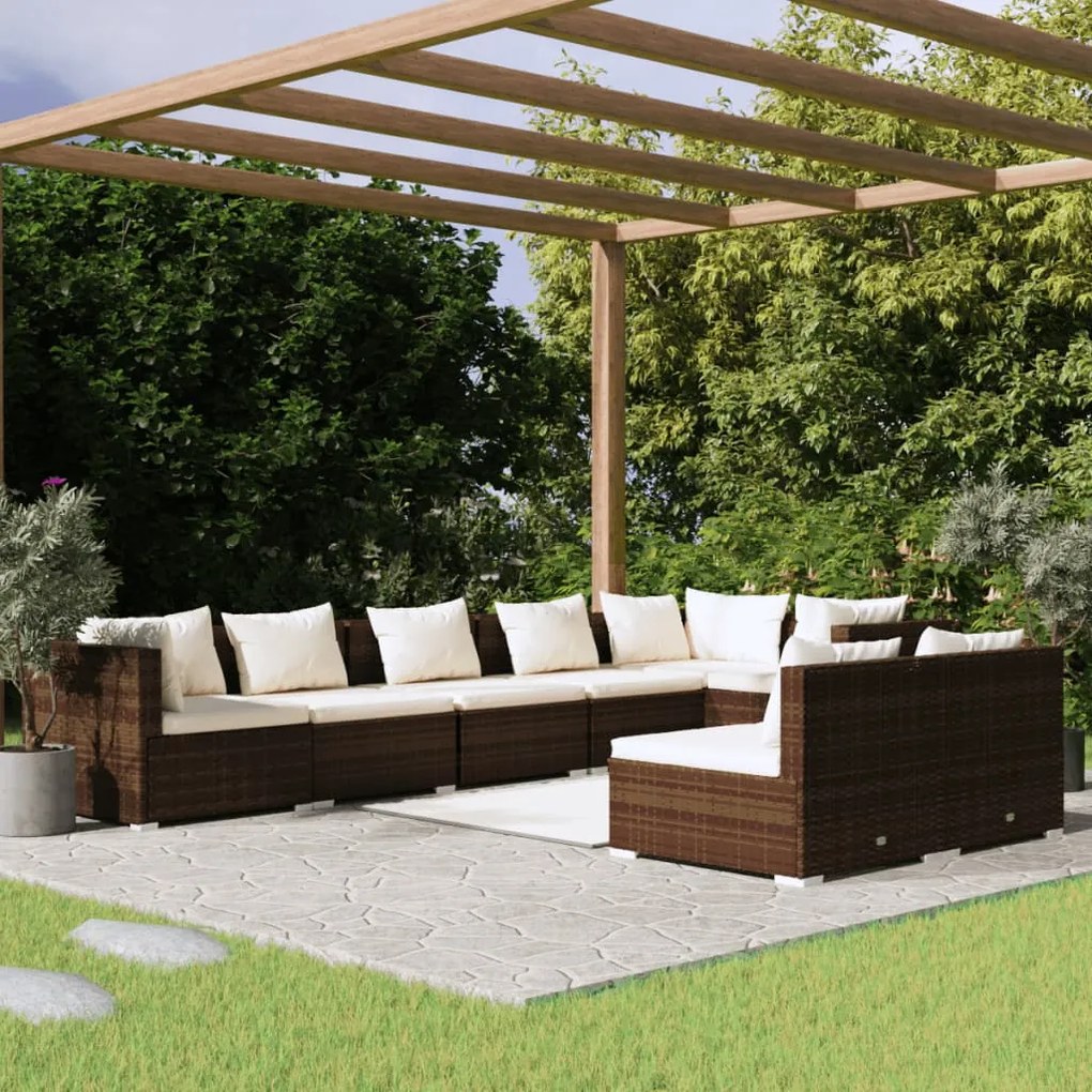 vidaXL 8 pcs conjunto lounge de jardim c/ almofadões vime PE castanho
