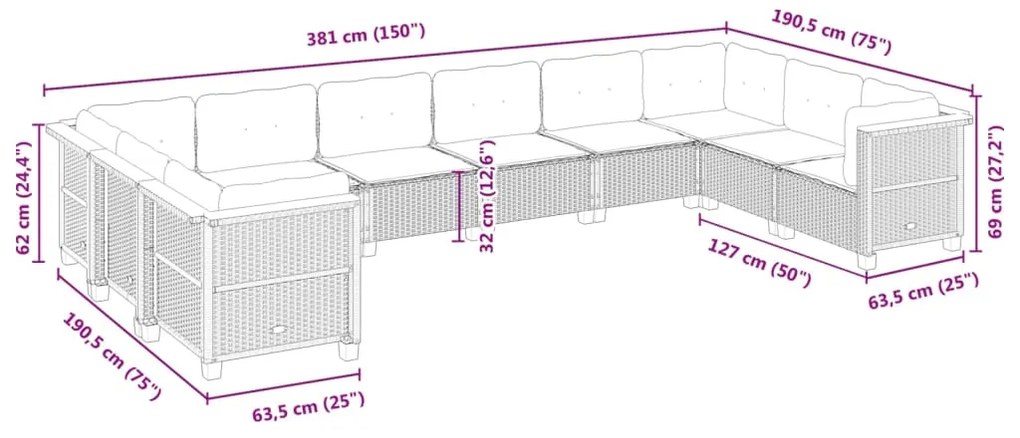 10 pcs conjunto de sofás p/ jardim com almofadões vime PE bege