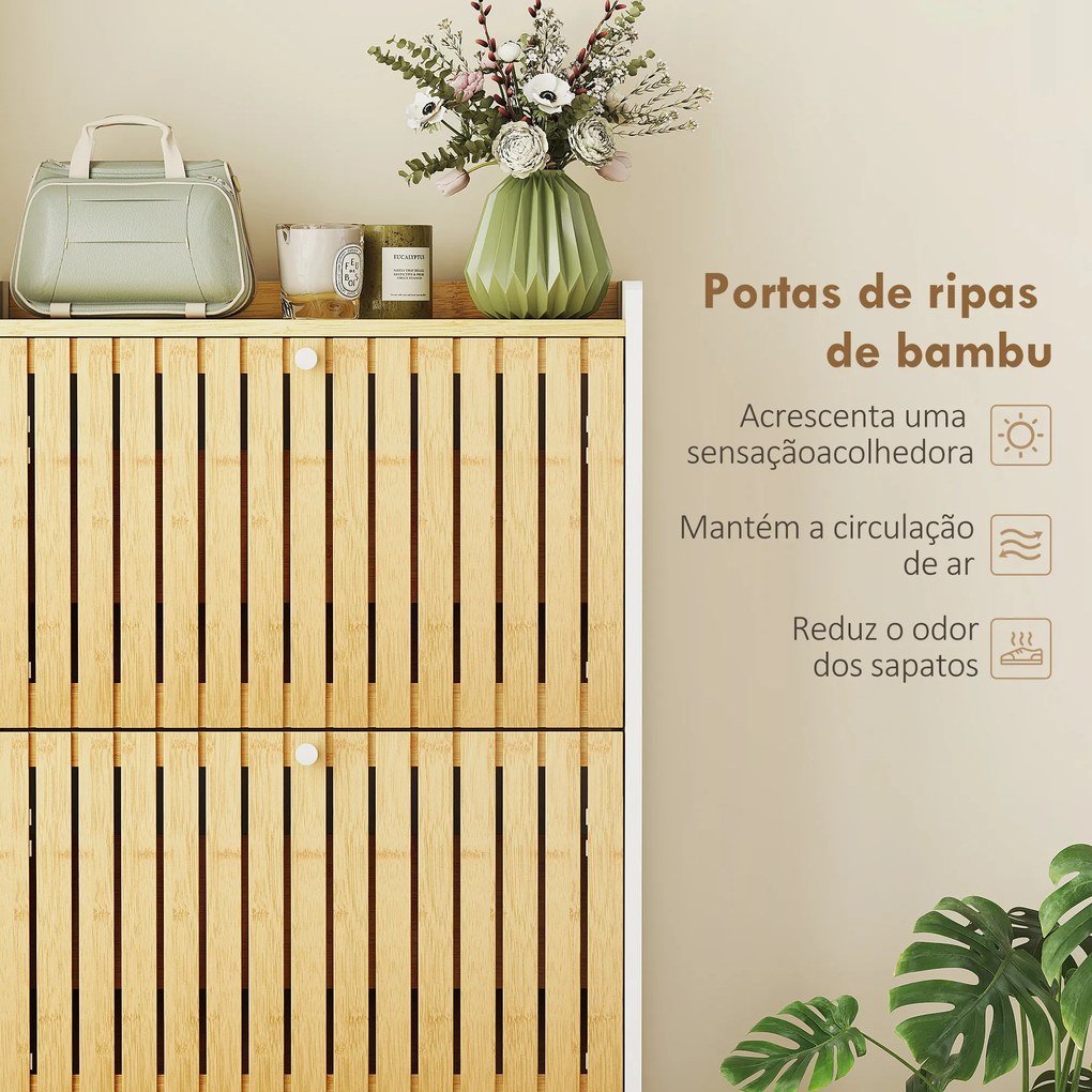 Sapateira Estreita com 3 Portas de Bambu Prateleiras Ajustáveis para 18 Pares de Sapatos 60x24x118 cm Branco e Madeira