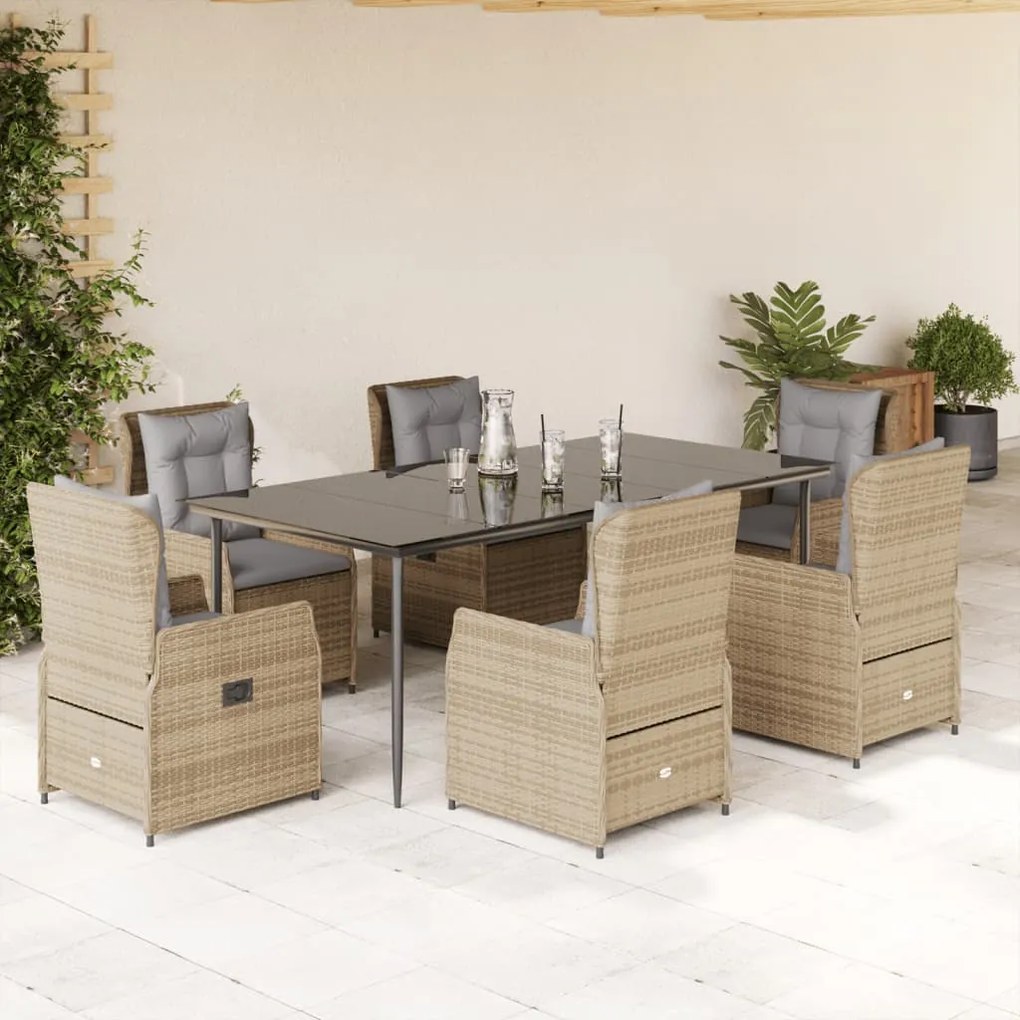 vidaXL 7 pcs conjunto de jantar p/ jardim com almofadões vime PE bege