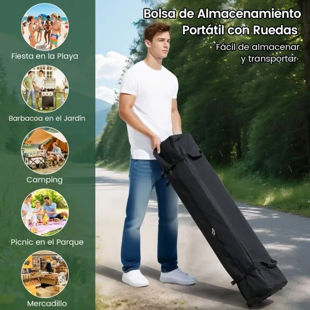 Tenda dobrável 590 x 305 x 266 cm exterior com estacas, cordas de fixação, sacos de areia e rodas para 6-8 pessoas festas, eventos, feiras Branca