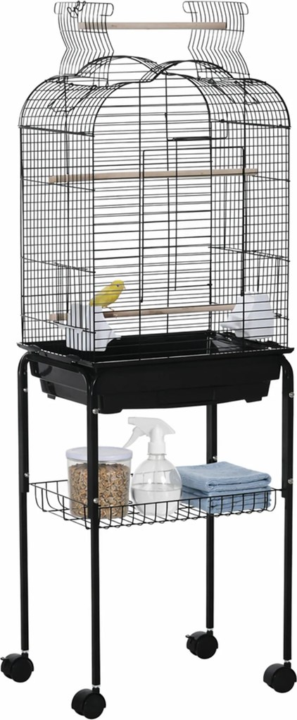 PawHut Gaiola para Passáros com Suporte Gaiola com 4 Rodas Teto com Abertura 2 Comedouros 3 Poleiros Bandeja Removível 46x36x130cm | Aosom Portugal