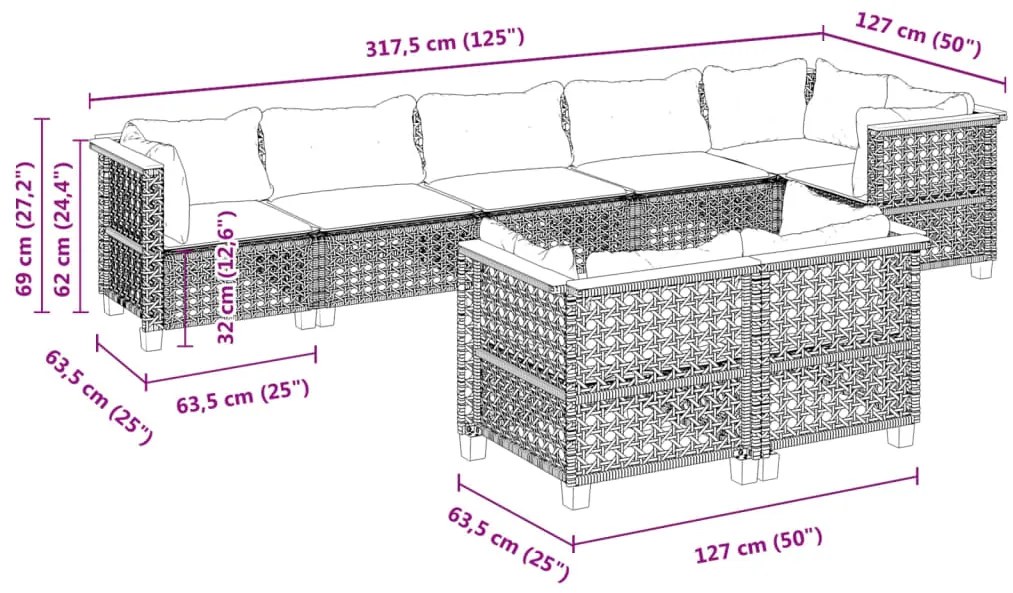 8 pcs conjunto sofás de jardim com almofadões vime PE preto