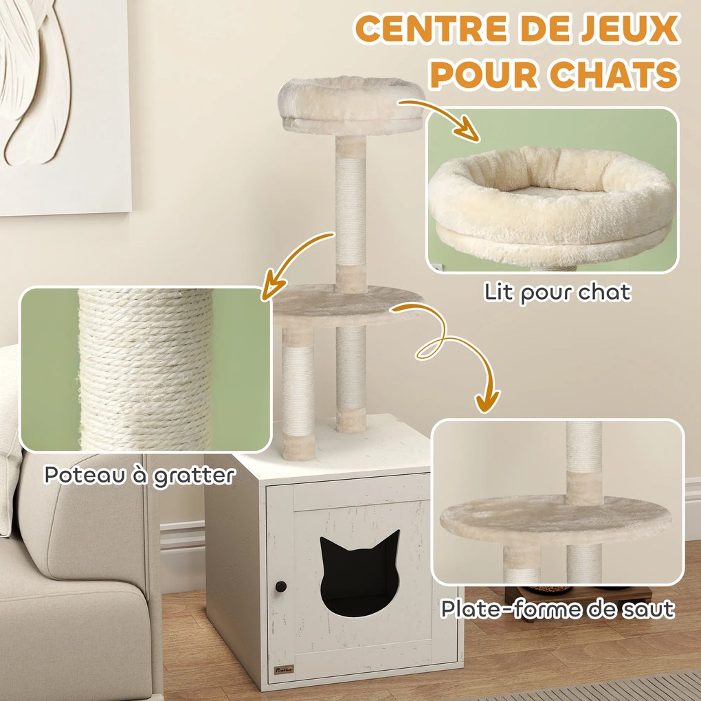 Movel para caixa de areia gatos (NÃO INCLUIDA) 47 x 52 x 129 cm, 2 em 1 com arranhador, postes para arranhar, creme
