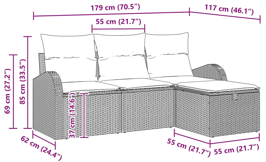 Conjunto de Sofá de Jardim em 4 Peças com Almofadas Preto Vime Sintéti