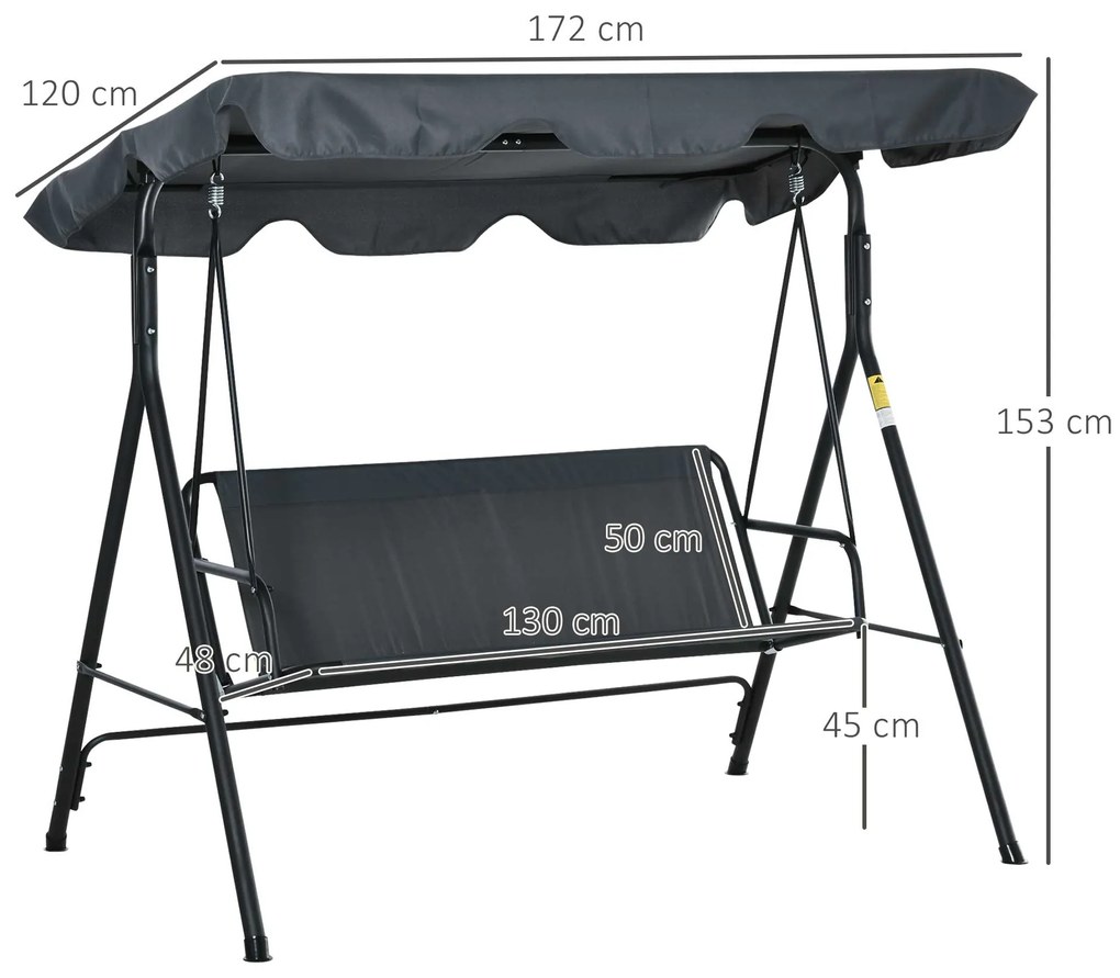 Outsunny Baloiço de Jardim de 3 Lugares com Almofada Toldo Ajustável e Estrutura de Metal para Balcão Terraço Patio Carga Máx. 200kg 172x110x153cm Cinza