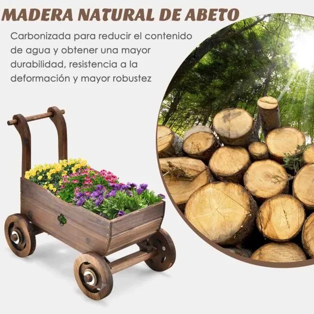 Carrinho floreira com caixa de madeira Rodas Buraco de drenagem Suporte de vasos de flores Decoração de jardim Pátio Varanda Castanho