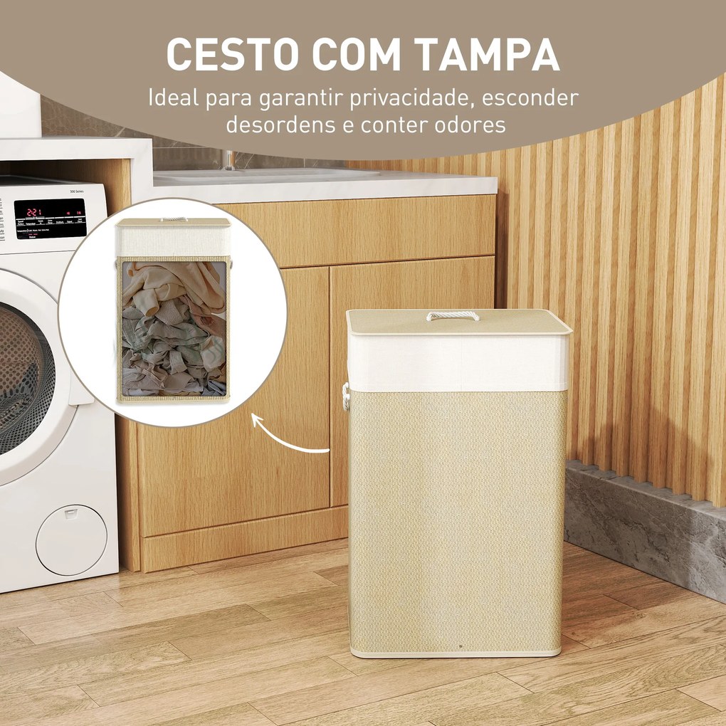 Cesto de Roupa com Tampa 72L Cesto de Roupa de Bambu com Bolsa Interior Removível e Alças 40x30x60 cm Bege e Creme