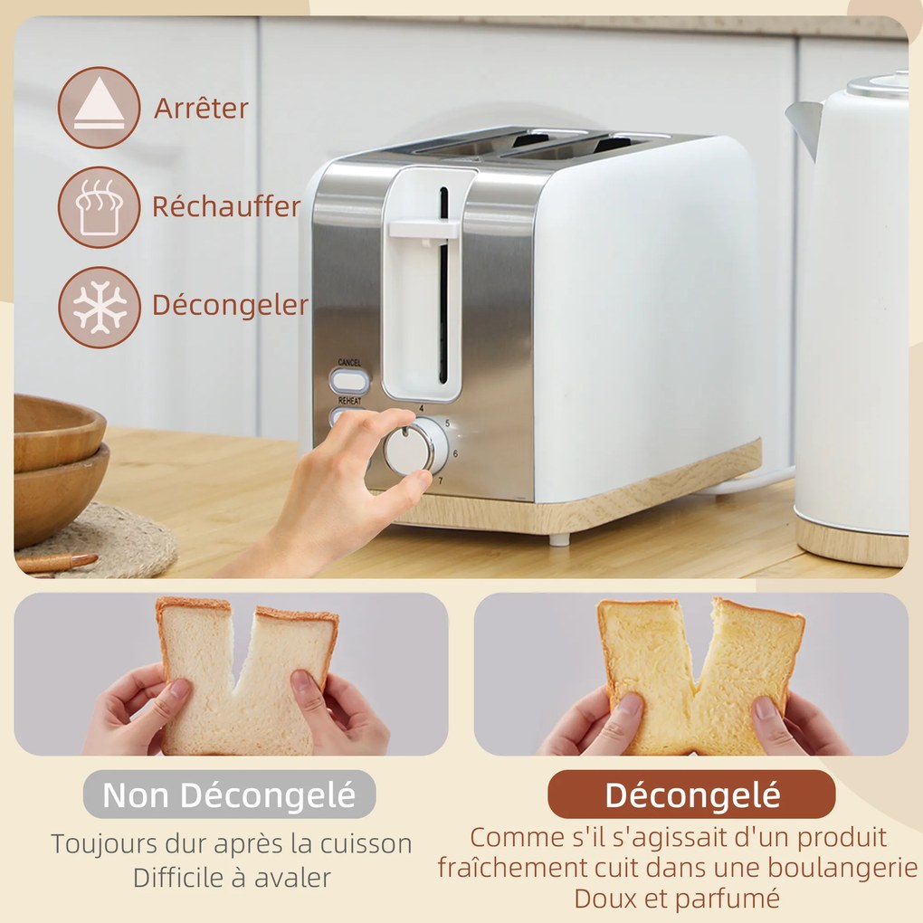 Conjunto de chaleira e torradeira, 1,7 L, 2200 W, torradeira para 2 fatias com 7 níveis de torragem, branco