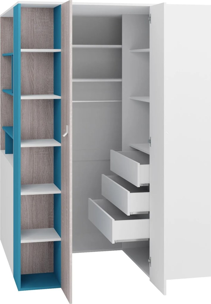 Roupeiro de canto Camteso 113, Carvalho, Branco, Turquesa, 190x135x135cm, 187 kg, Portas para roupeiro: Com dobradiças, Número de prateleiras: 12, Número de prateleiras: 12