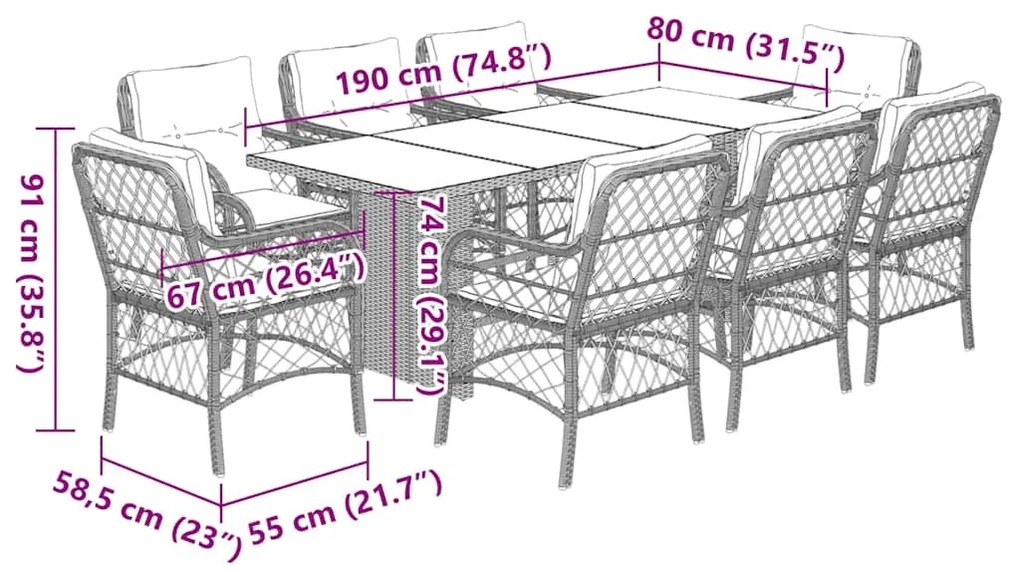 9 pcs conjunto de jantar p/ jardim c/ almofadões vime PE preto