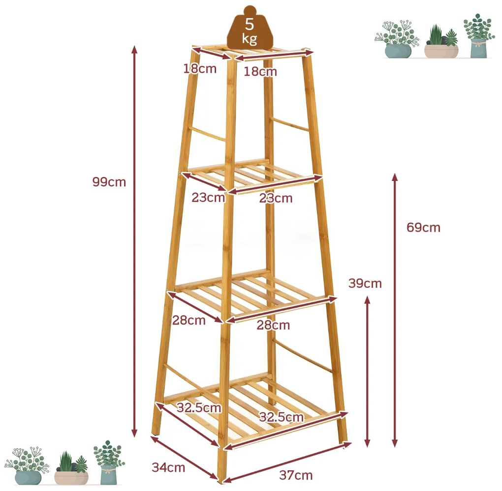 Suporte Plantas de Bambu com 4 Níveis Prateleira em Escada para Sala de Estar ao Ar Livre 37 x 34 x 99 cm Natural