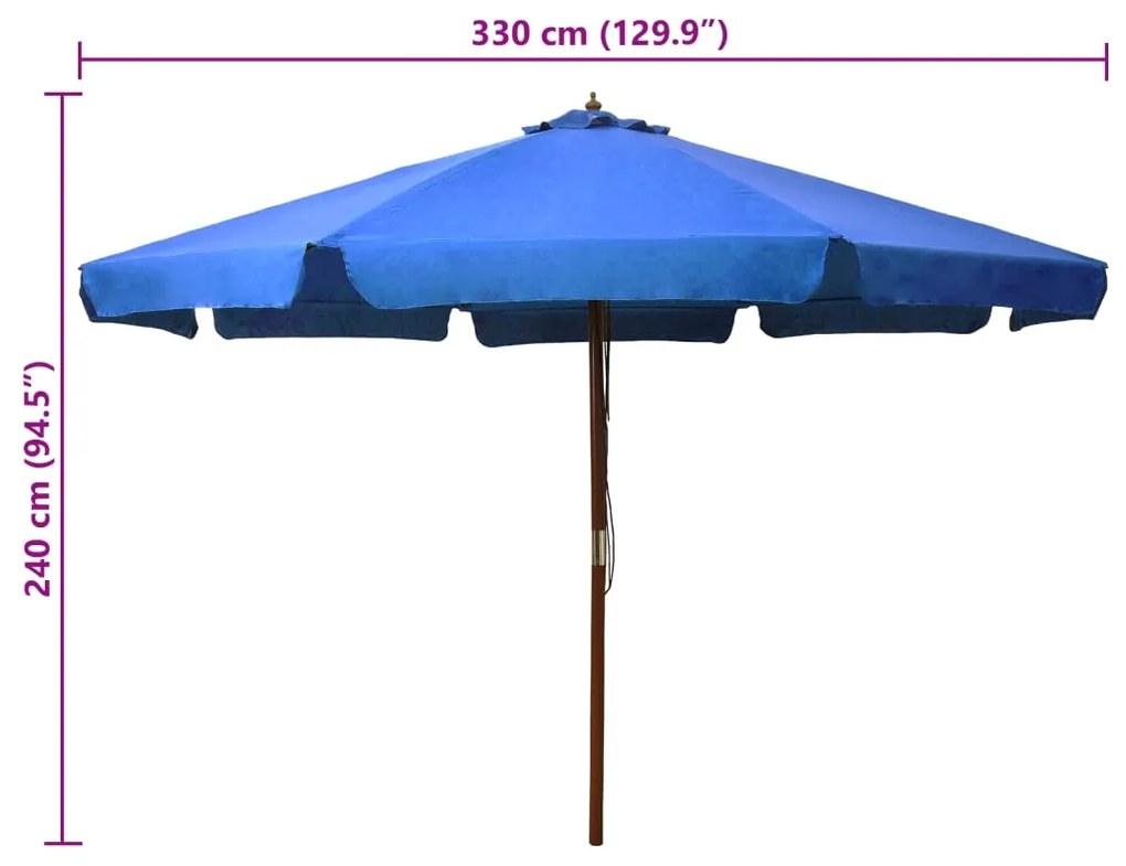 Guarda-sol de exterior com poste em madeira 330 cm azul-ciano