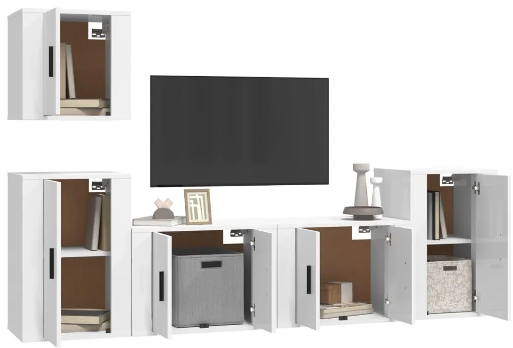 5 pcs conjunto móveis de TV madeira processada branco brilhante