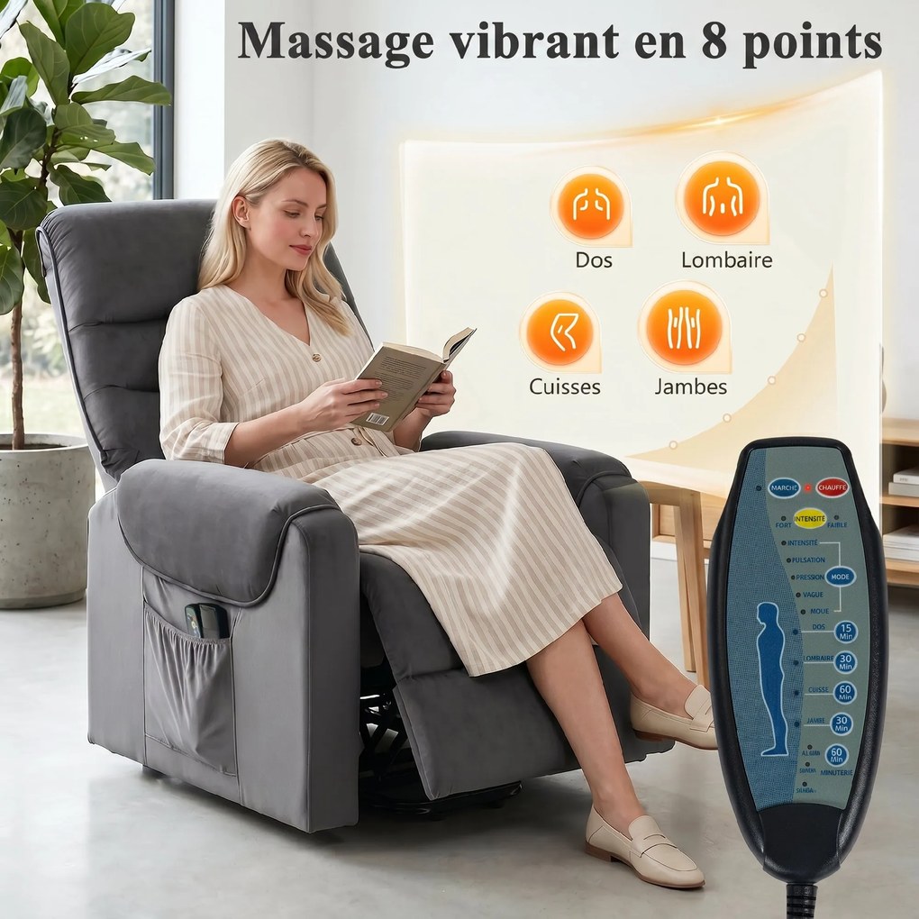 Poltrona elevatória elétrica com massagem, vibração e aquecimento, poltrona de relaxamento elétrica em veludo, cinzento escuro