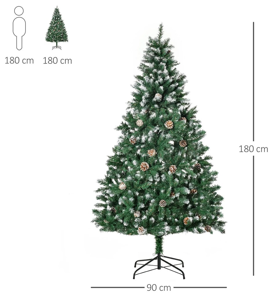 Árvore de Natal Artificial Ø90x180cm com 1111 Ramos de PVC e 59 Pinhas Base Dobrável e Suporte de Aço Decoração de Natal para Interiores Verde