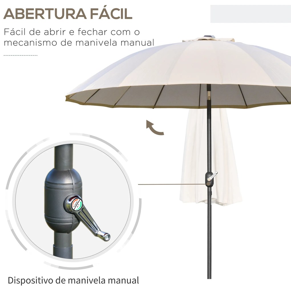 Chapéu de Sol de Jardim Ø2,5x2,4 m com Manivela Manual Mastro Flexível Impermeável e 18 Varas para Exterior Creme