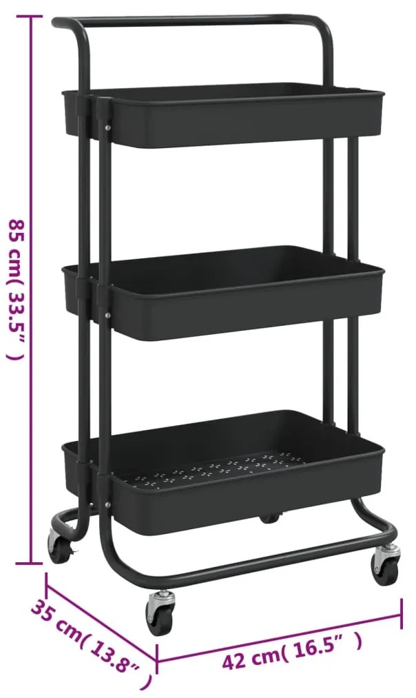 Carrinho cozinha c/ 3 prateleiras ferro/ABS 42x35x85 cm preto