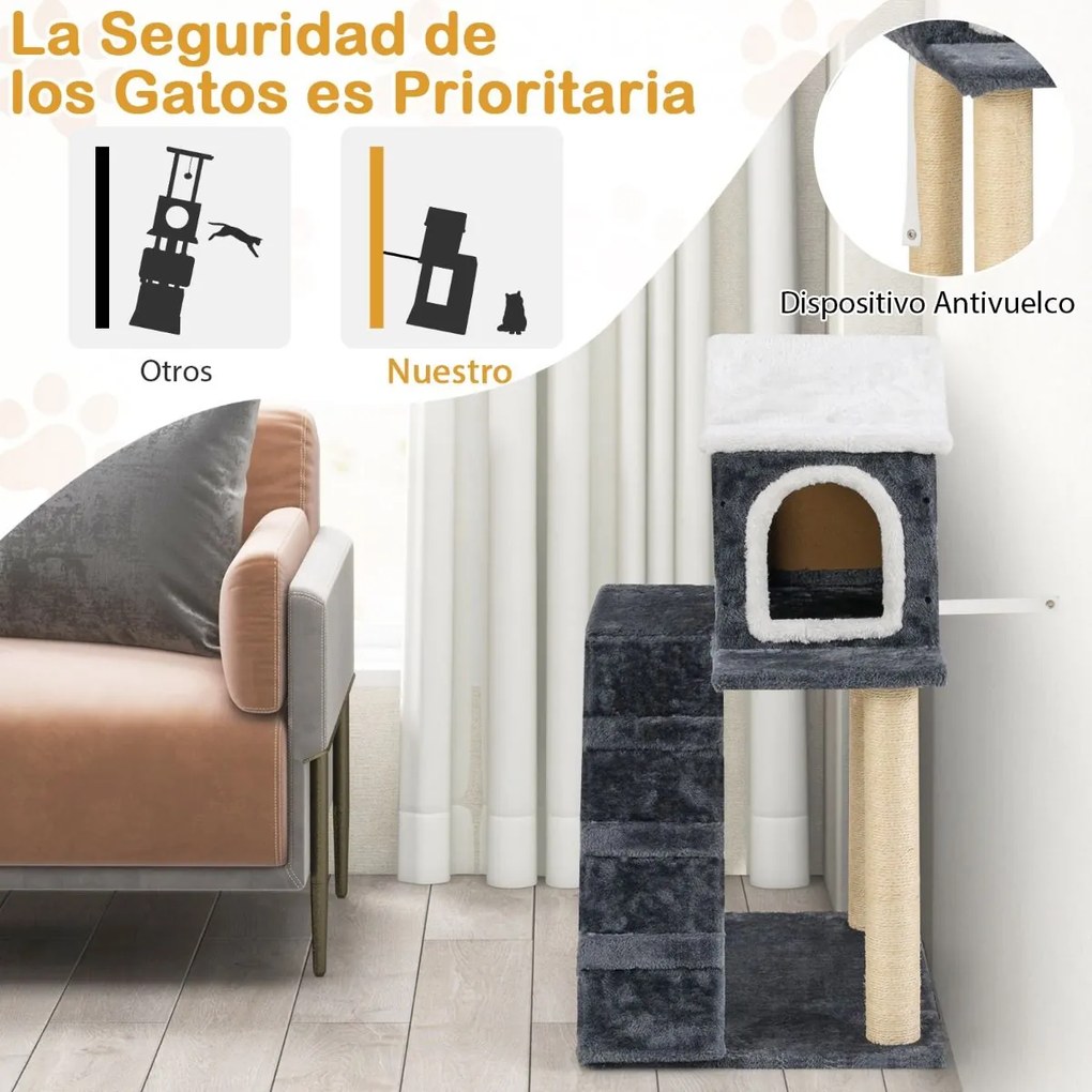 Arranhador para gatos moderna de 90 cm Árvore para gatos de 3 níveis com telhado que pode ser aberto Postes de arranhar em sisal Escada para gatos Tor