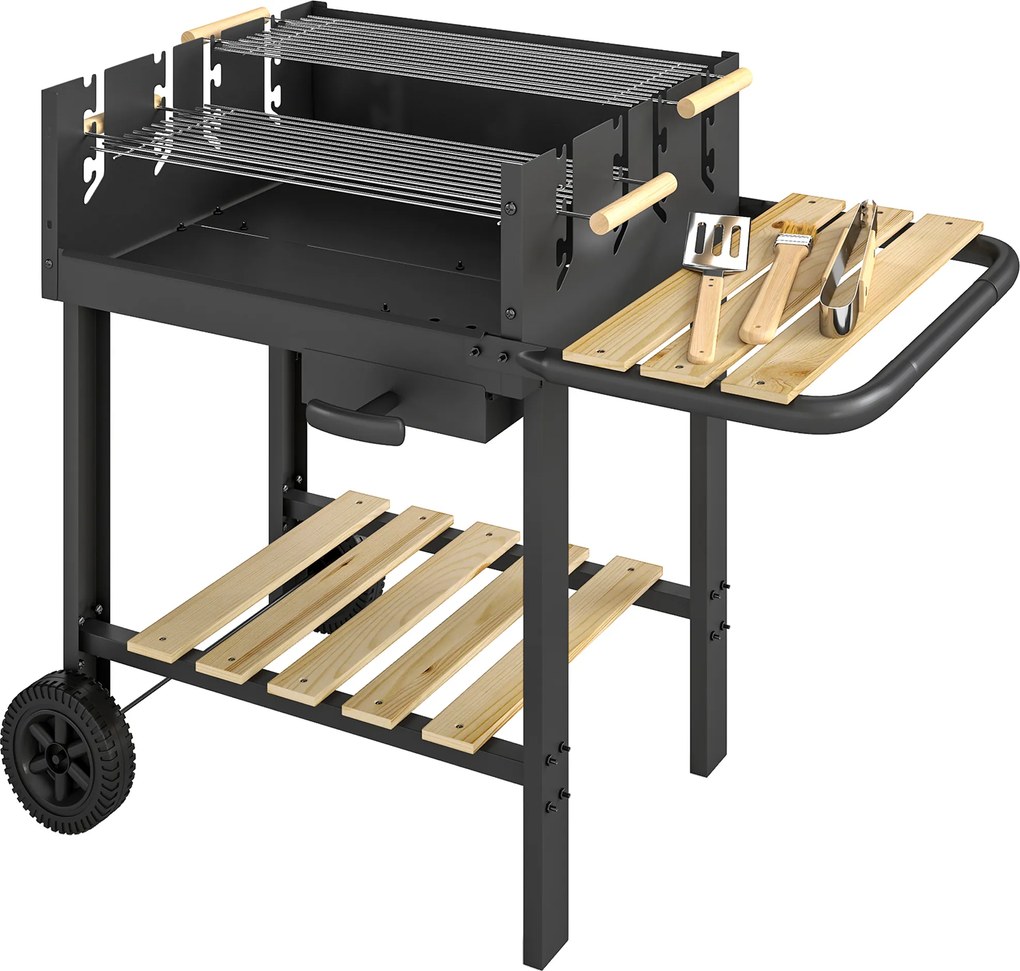 Outsunny Carrinho de churrasco de madeira com 2 grelhas ajustáveis, churrasqueira a carvão sobre rodas, prateleira lateral, preto | Aosom Portugal
