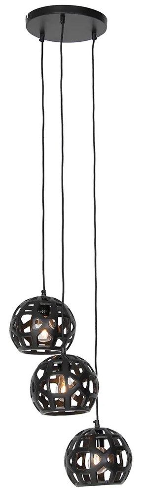 Candeeiro de suspensão industrial preto redondo 3 luzes - Bobby