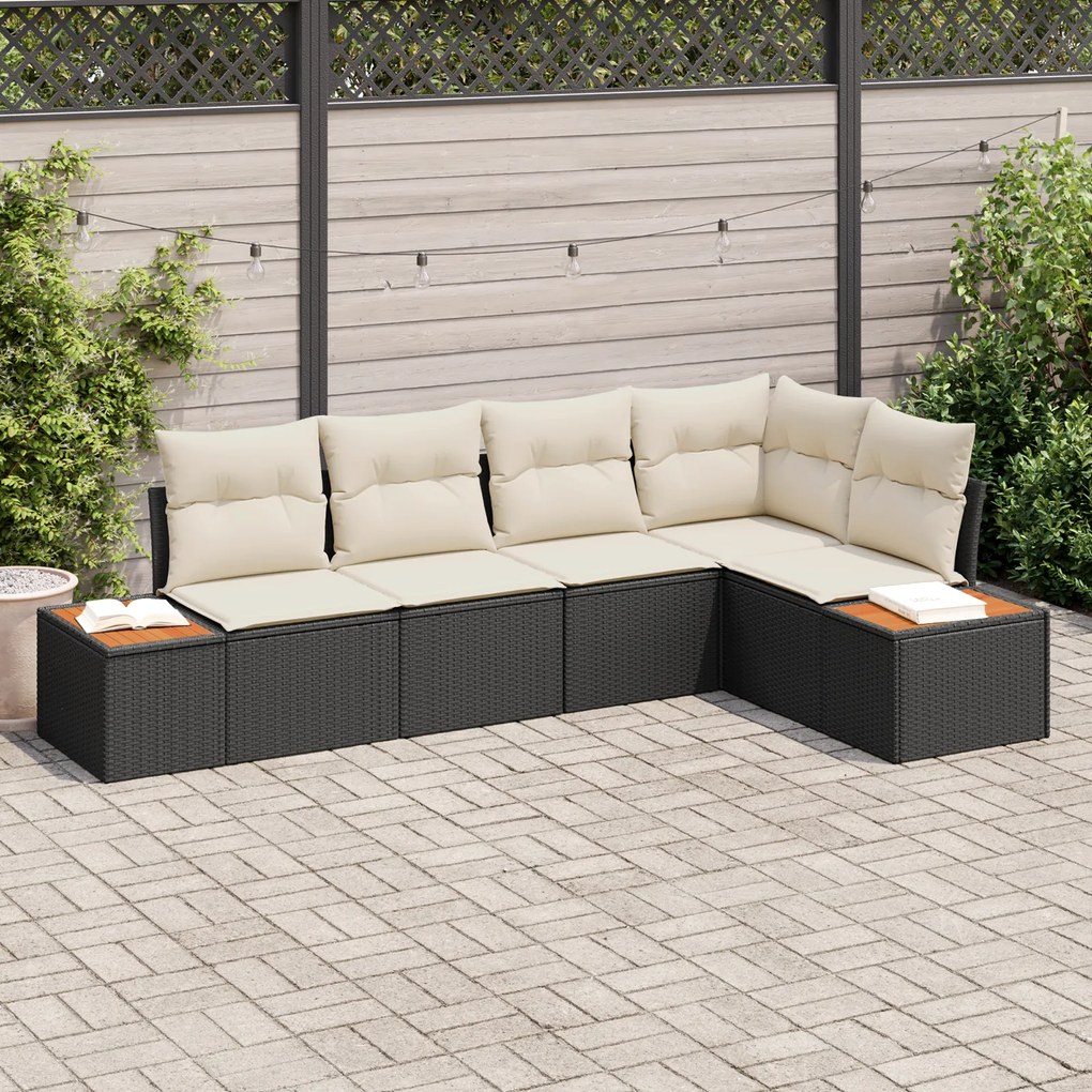 vidaXL Conjunto de Sofás de Jardim de 5 Peças com Almofadas - Rattan Polimérico Preto e Acácia