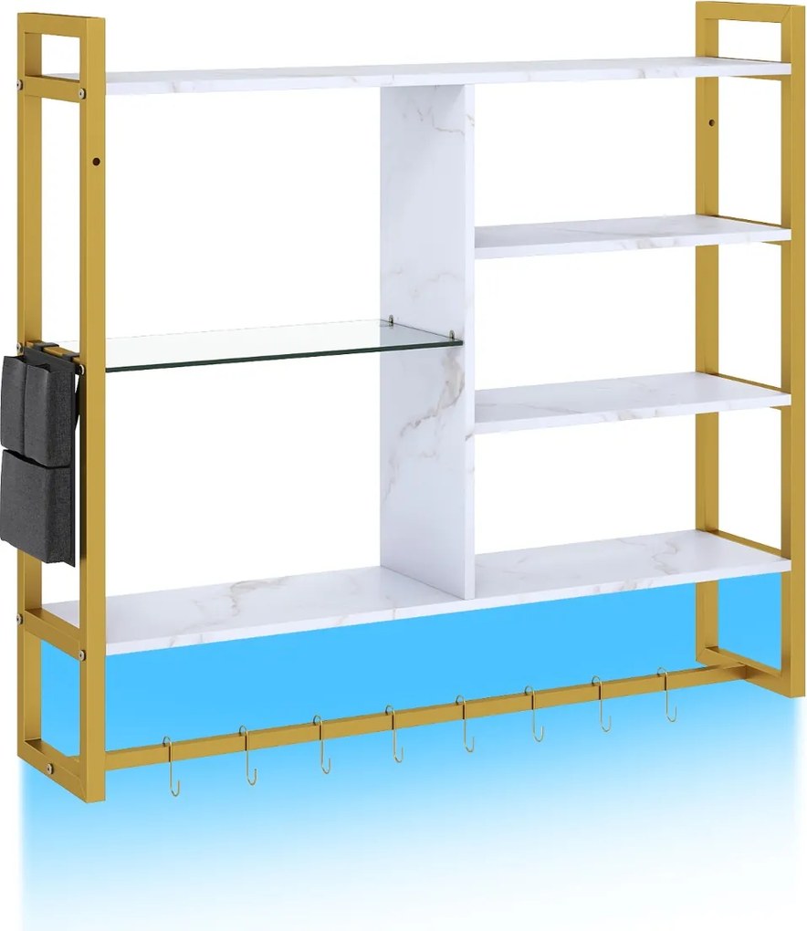 Prateleira suspensa 107 x 24 x 96 cm com luzes LED, controlo remoto via app, 6 níveis, 8 ganchos em S e bolso lateral para cozinha, bar ou casa – Bran