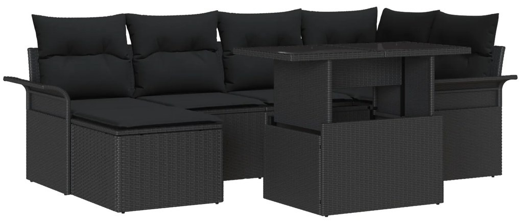 Conjunto de Sofá de Jardim vidaXL 7 Peças com Almofadas Preto Vime Pol