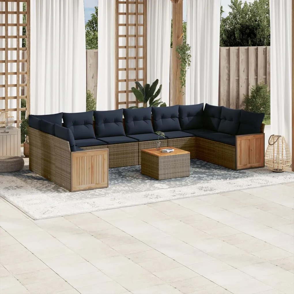 vidaXL 11 pcs conjunto sofás de jardim c/ almofadões vime PE cinzento
