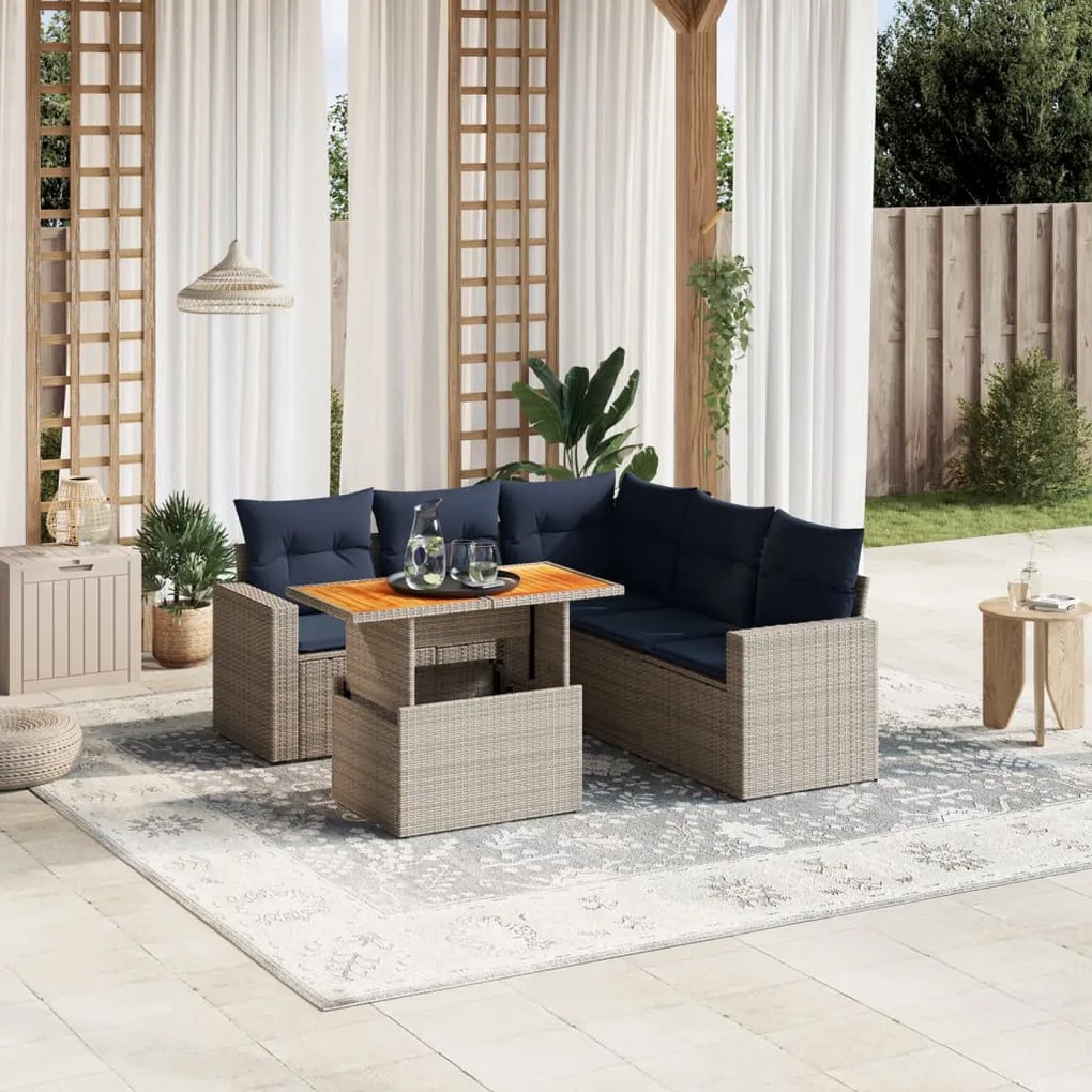 vidaXL 6 pcs conjunto sofás p/ jardim c/ almofadões vime PE cinzento