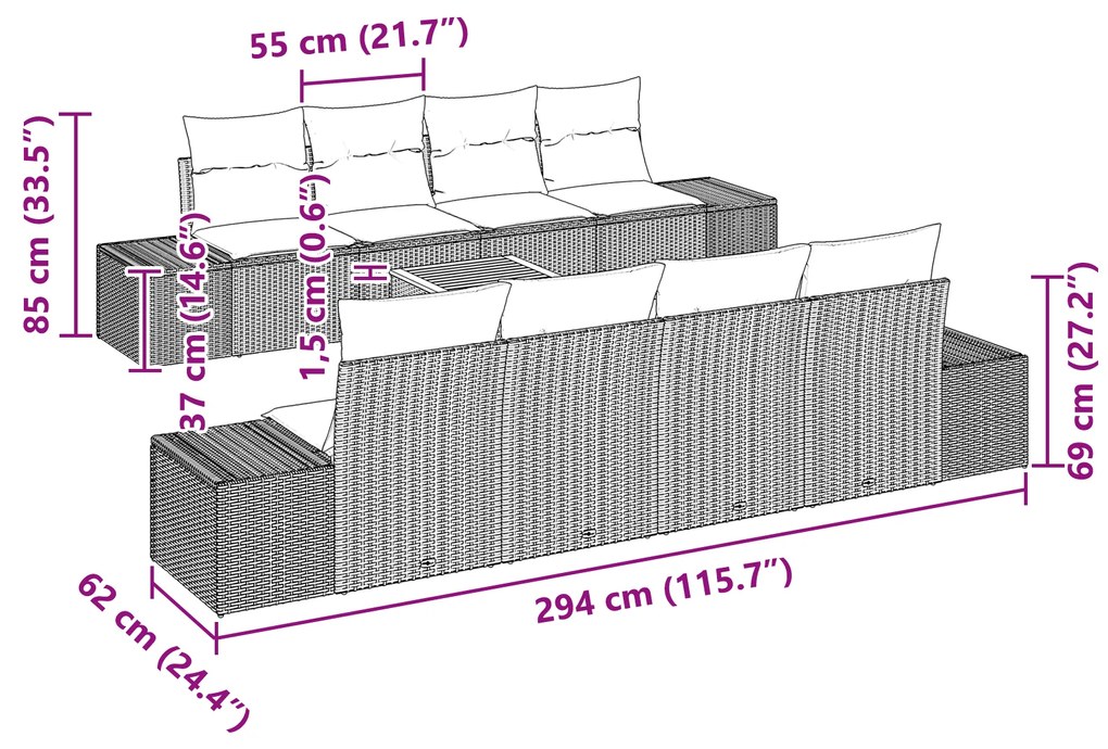 Conjunto de Sofá de Jardim de 7 Peças com Almofadas Bege Vime PE Acáci