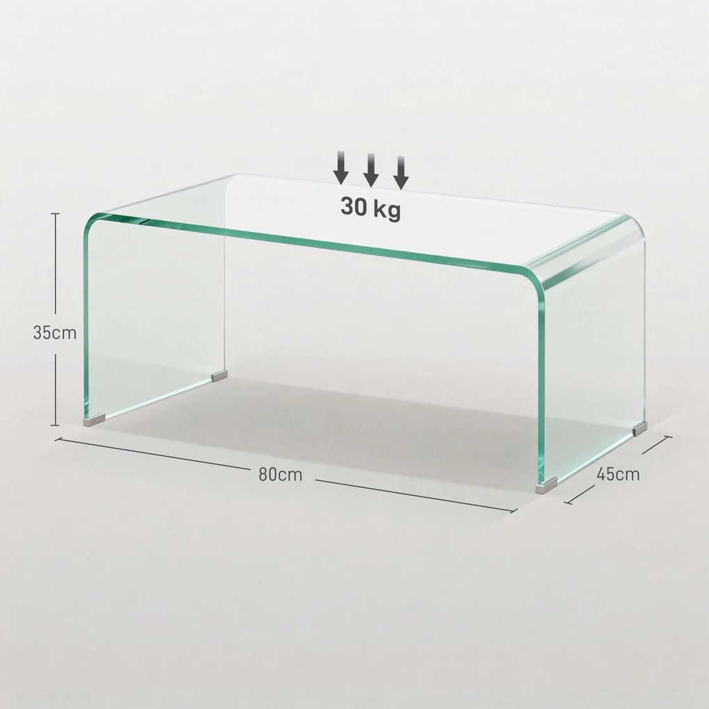 Mesa de centro de vidro 80 x 45 x 35 cm, mesa de sala retangular de design moderno em vidro temperado com bordas arredondadas e seguras, transparente