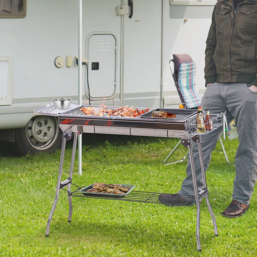 Outsunny Barbecue a Carvão Portátil Barbecue a Carvão Dobrável com Prateleiras de Armazenamento para Jardim Exterior Campismo 104x33x70 cm Prata