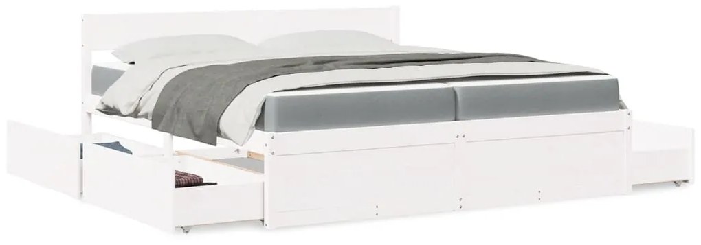 Cama com gavetas e colchão 200x200 cm pinho maciço branco
