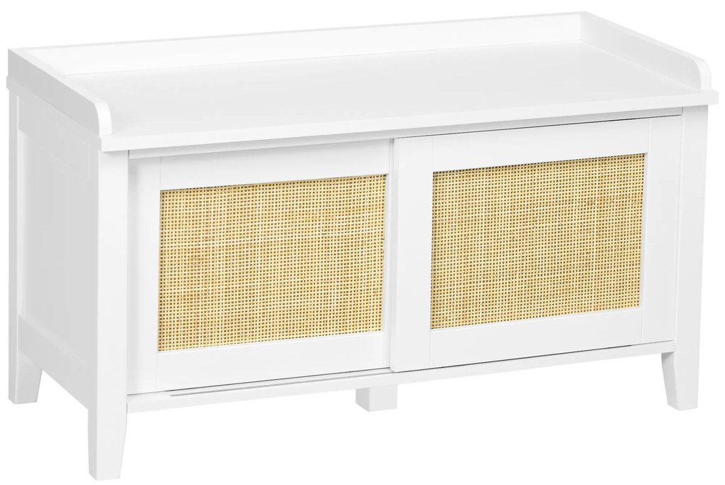 Banco Sapateira com 2 Portas de Vime Estilo Boémio Carga Máxima 130 kg para Corredor Entrada 80x35x45 cm Branco e Bege