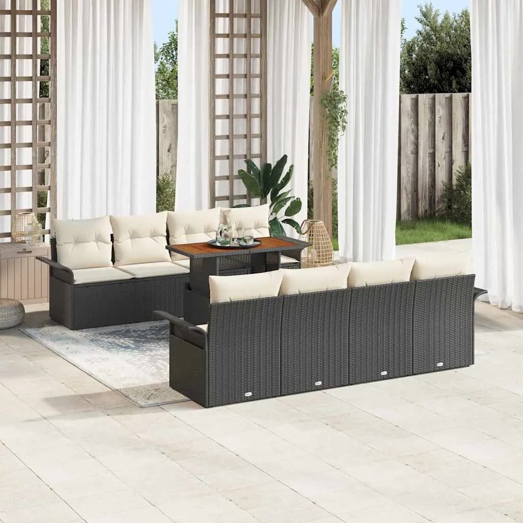 vidaXL Conjunto de Sofá de Jardim de 9 Peças com Almofadas Pretas em Polirattan e Acácia
