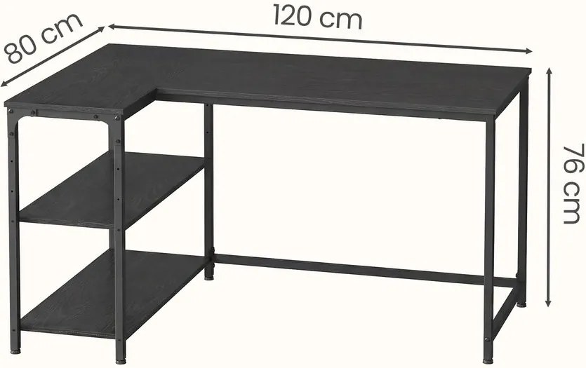 Secretária com espaço de arrumação, em L 120 x 80 x 76 cm, prateleira ajustável em altura Preto