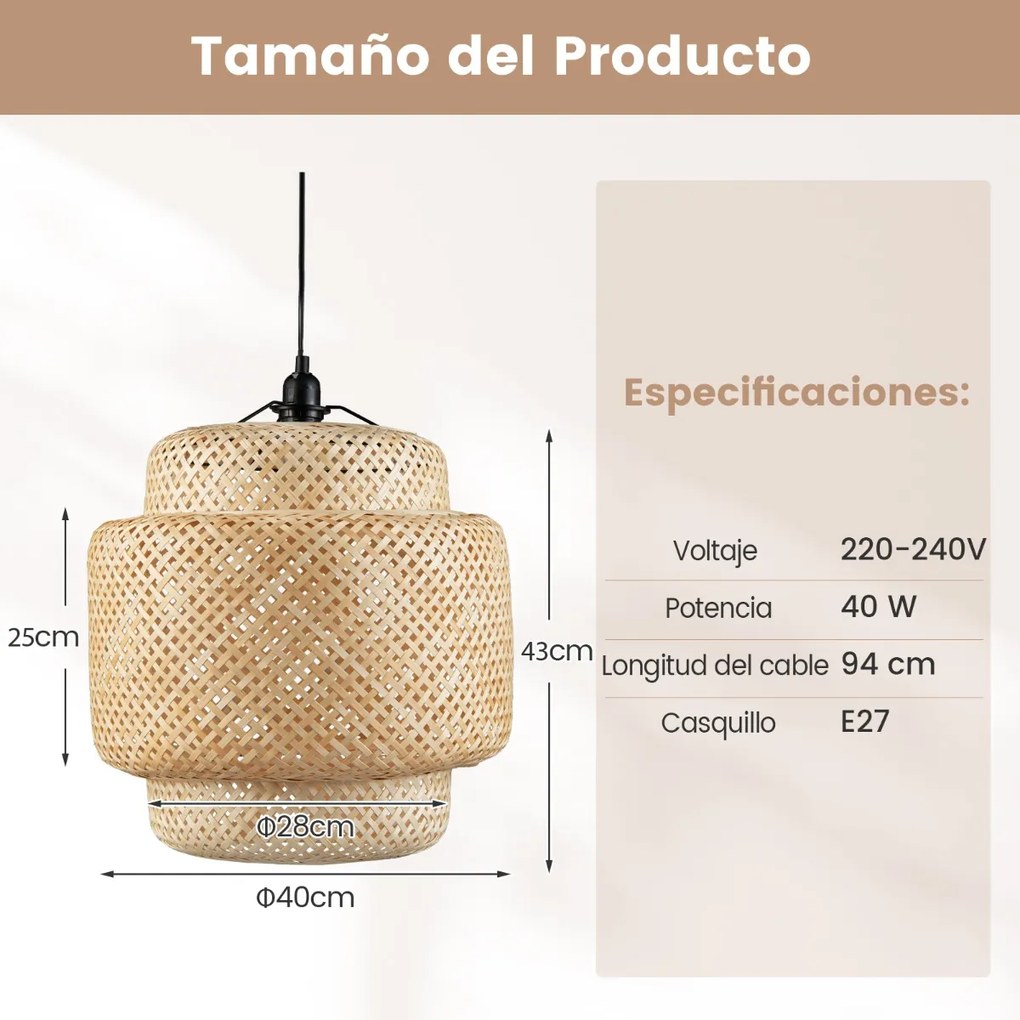Candeeiro de Teto Pendente de bambu luz natural tecido à mão para lâmpadas E27 40 x 40 x 43 cm bege