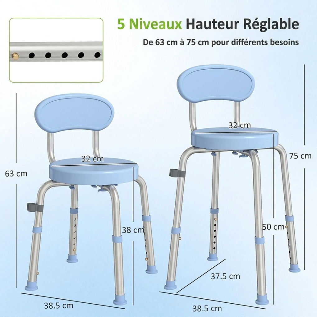 Banco de Duche Giratório, 38,5 x 37,5 x 75 cm, Altura Regulável em 5 Níveis, Azul