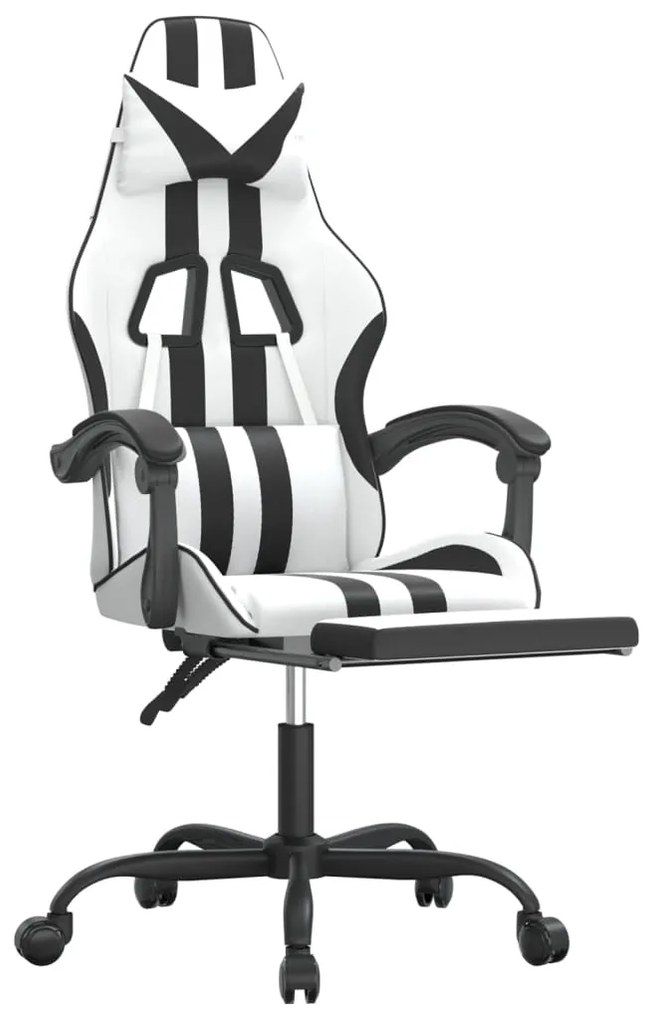 Cadeira gaming c/ apoio p/ pés couro artificial preto e branco