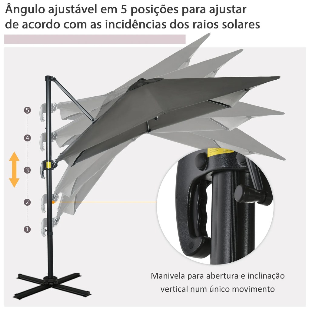 Chapéu de Sol de Jardim 245x245x245 cm Chapéu de Sol Excêntrico com Ro