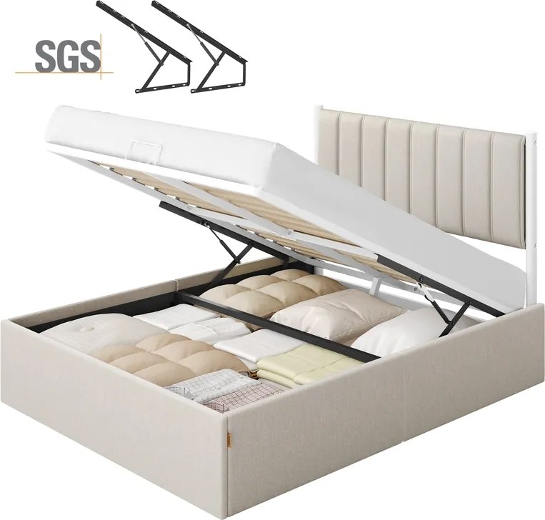 Estrutura de cama 140 x 200 cm (COLCHÃO NÃO INCLUIDO) com espaço de arrumação por baixo da cama; cabeceira em bege cappuccino