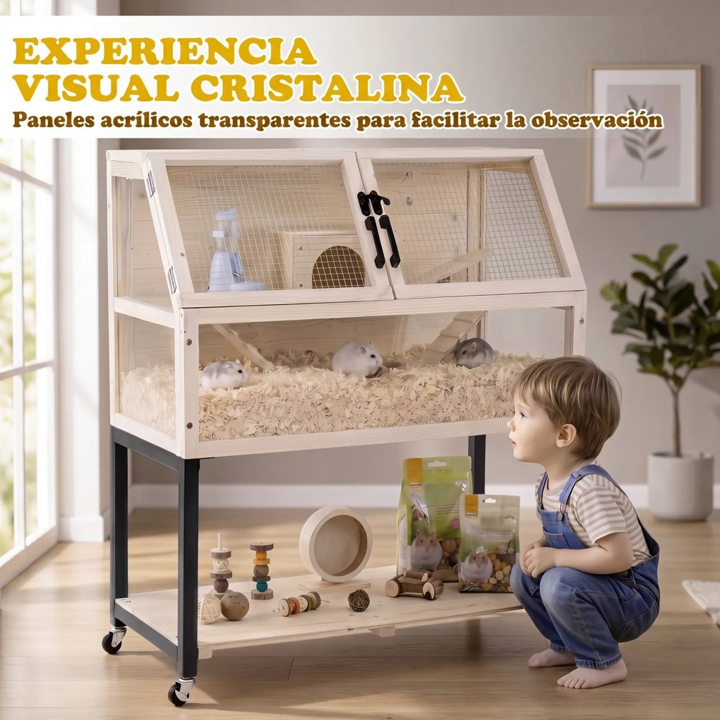 Jaula para Hamsters de Madeira, 87 x 42 x 101 cm, Dois Níveis, Natural