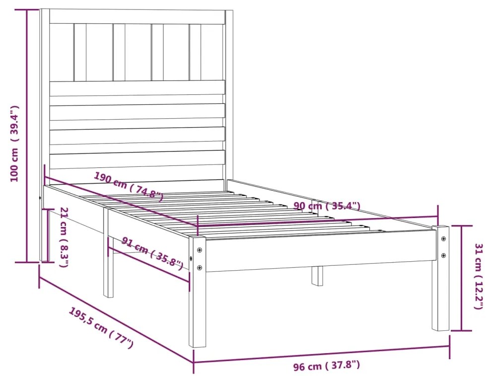 Estrutura de cama de solteiro 90x190 cm pinho maciço