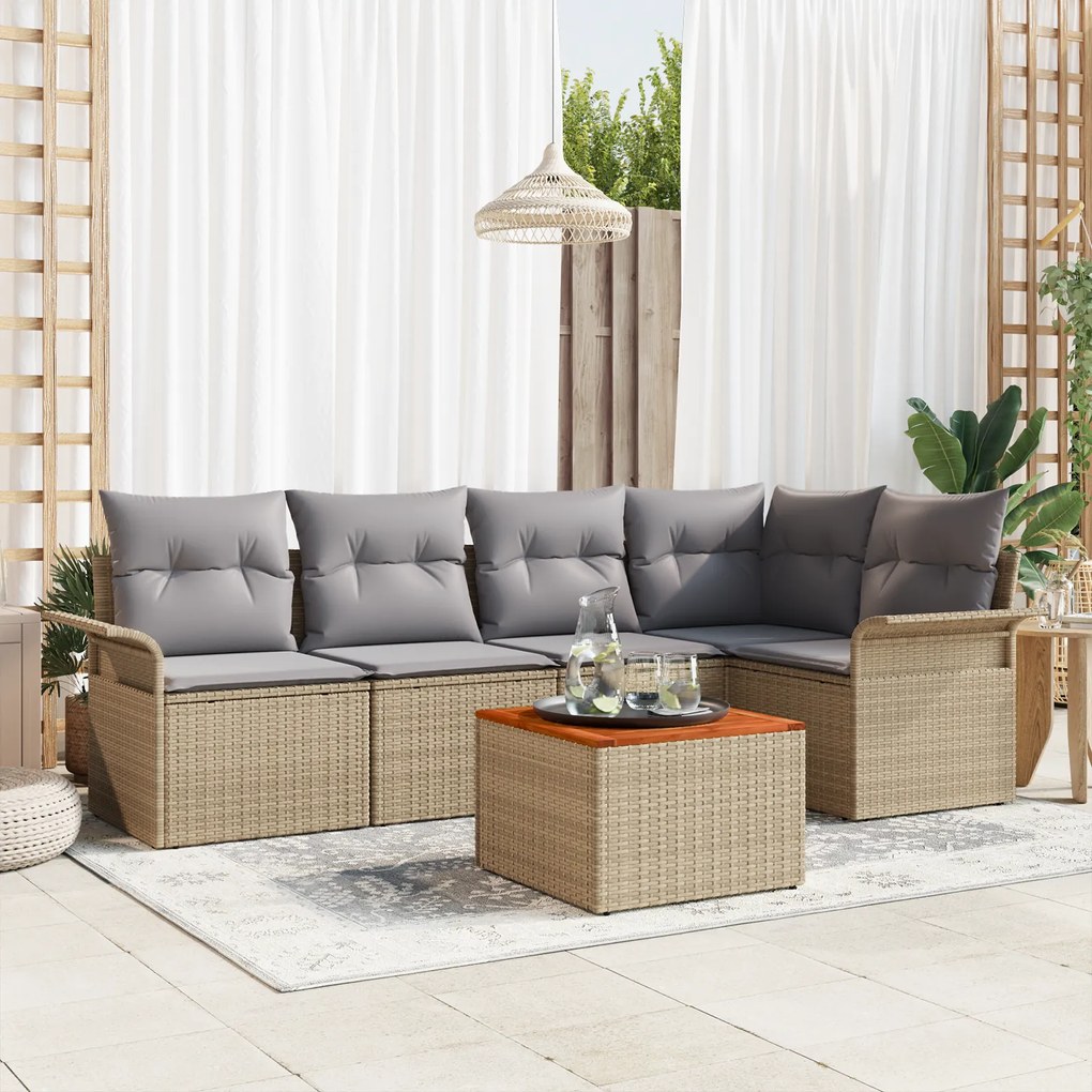 Conjunto de Sofá de Jardim vidaXL de 6 Peças com Almofadas Bege Rattan de Polietileno Acácia