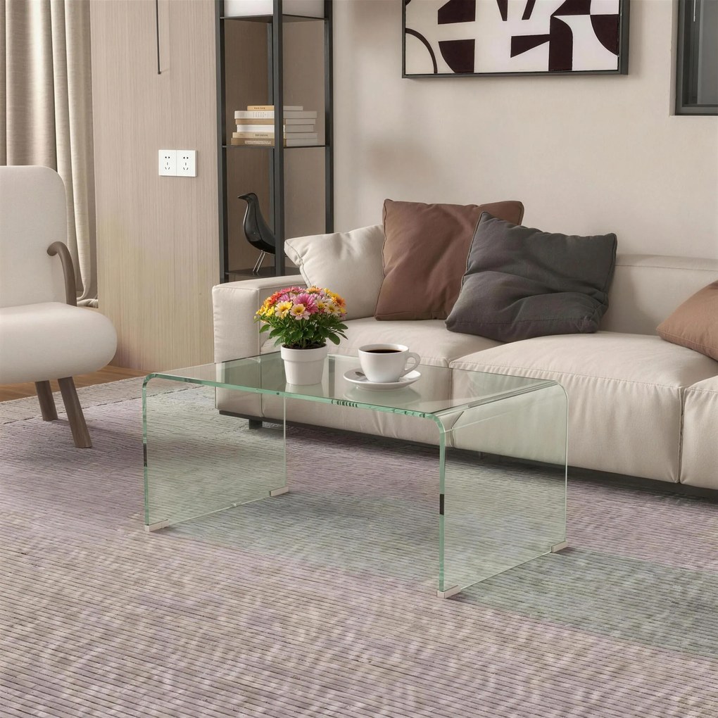 Mesa de centro de vidro 80 x 45 x 35 cm, mesa de sala retangular de design moderno em vidro temperado com bordas arredondadas e seguras, transparente
