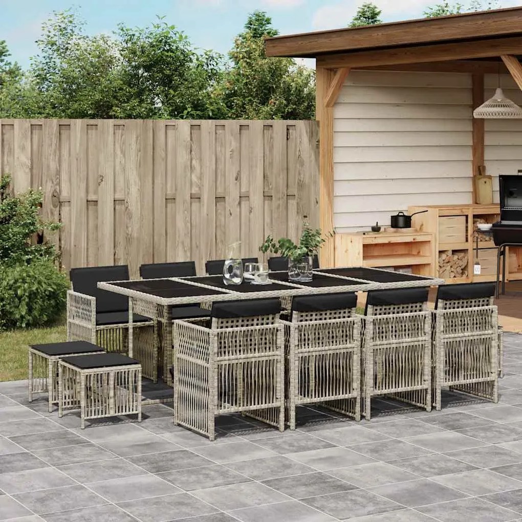 13 pcs conj. jantar jardim c/ almofadões vime PE cinzento-claro