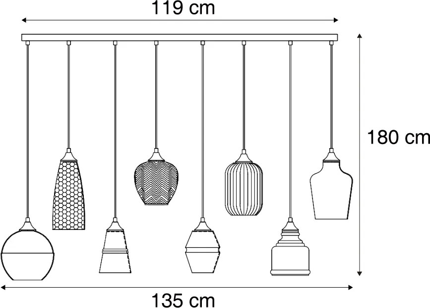 Candeeiro suspenso Art Deco preto com vidro âmbar 8 luzes - Hanne