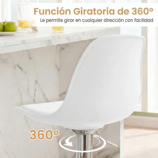 Conjunto de 2 bancos giratórios de bar com encosto ajustável em altura, estofados em couro sintético e apoio para os pés branco e prata